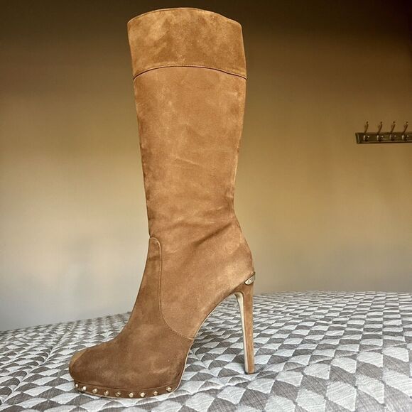 MICHAEL Michael Kors Brown Suede Tall Boots w/ Gold Zipper & Stiletto Heels 10 M - Picture 1 of 16
